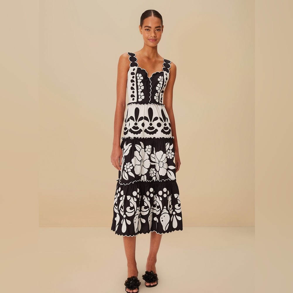 Farm Rio Black and White Summer Shell Fish Cutwork Cotton Midi Dress large.